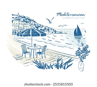 Spanish Mediterranean coast vector art, European summer travel destination vector illustration, curse trip hand drawn vector, Spanish island vacation artwork for t shirt, poster, graphic