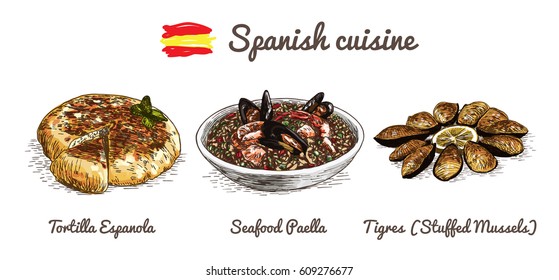 Spanish menu colorful illustration. Vector illustration of Spanish cuisine.