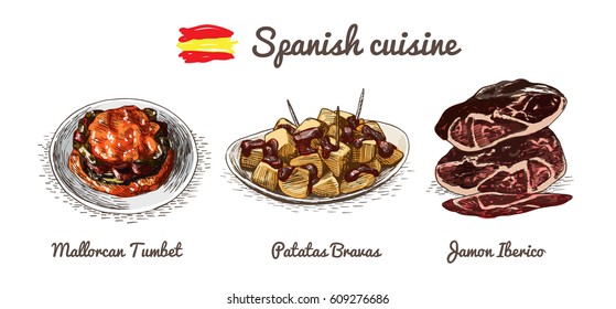 Spanish menu colorful illustration. Vector illustration of Spanish cuisine.