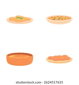 Spanish menu icons set cartoon vector. Traditional spanish cuisine dish. Mediterranean cuisine