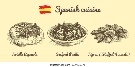 Spanish menu monochrome illustration. Vector illustration of Spanish cuisine.