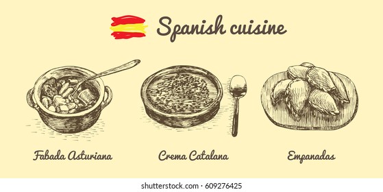 Spanish menu monochrome illustration. Vector illustration of Spanish cuisine.