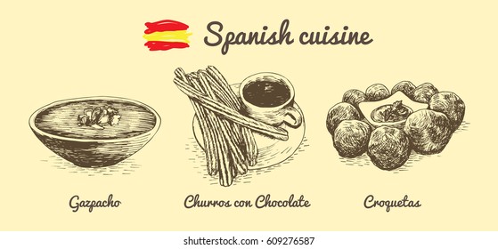 Spanish menu monochrome illustration. Vector illustration of Spanish cuisine.