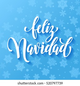 Spanisch Frohe Weihnachten Feliz Navidad Text für Gruß mit Schneeflocken und frostblauem Muster. Kalligraphisches Schriftzeichen-Design