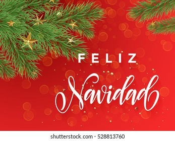 Spanish Merry Christmas Feliz Navidad text greeting calligraphy lettering. Decorative red background with golden Christmas ornament decorations of gold stars balls and Christmas tree branches 