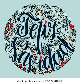 Spanish Merry Christmas greeting card on white background. Feliz Navidad vector illustration, hand drawn lettering