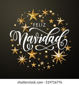 Spanish Merry Christmas greeting card of gold glitter stars. Feliz Navidad vector wreath of stars of golden foil glittering gilding. Round Christmas ornament decorations. Vector calligraphy lettering