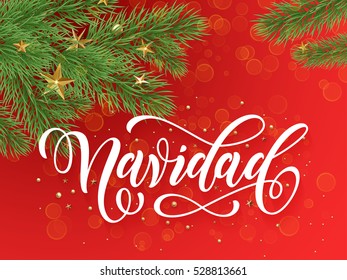 Spanish Merry Christmas Navidad background decoration ornaments of gold stars, golden balls, Christmas tree branches. Merry Christmas text calligraphy lettering 