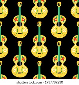 Spanish mexican guitar with flowers and ornaments vector cartoon style seamless pattern background.