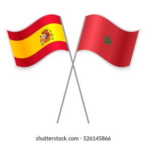 Spanish and Moroccan crossed flags. Spain combined with Morocco isolated on white. Language learning, international business or travel concept.