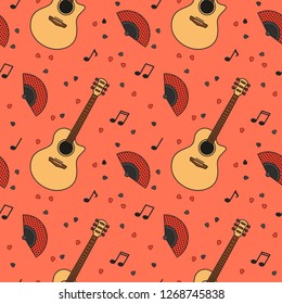 Spanish motifs flat vector seamless pattern. Acoustic music cartoon illustrations. Flamenco dance party backdrop. Musical concert, festival, live event background, wallpaper color design