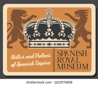 Spanish museum, relics and values of Spain empire. Vector victorian emblem with lion, heraldic style kings crown with gemstones. Coat of arms of Spain, vintage lion animal silhouettes