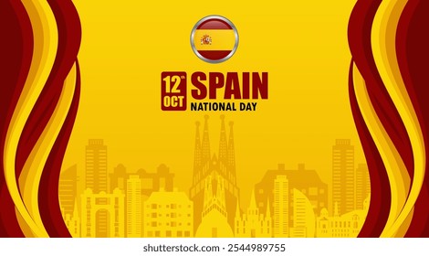 Spanish National Day banner background template with waving Spanish flag and silhouettes of popular landmarks. National flag background design. October 12 celebration
