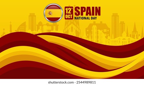Spanish National Day banner background template with waving Spanish flag and silhouettes of popular landmarks. National flag background design. October 12 celebration