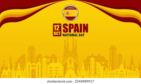 Spanish National Day banner background template with waving Spanish flag and silhouettes of popular landmarks. National flag background design. October 12 celebration