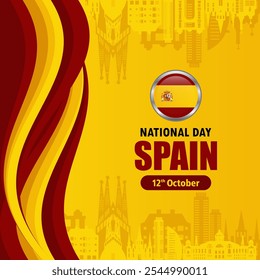 Spanish National Day banner background template with waving Spanish flag and silhouettes of popular landmarks. National flag background design. October 12 celebration