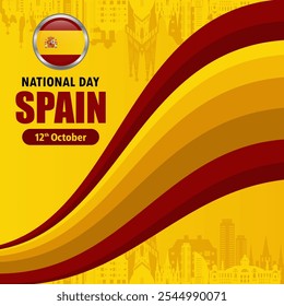 Spanish National Day banner background template with waving Spanish flag and silhouettes of popular landmarks. National flag background design. October 12 celebration