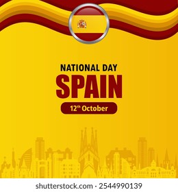 Spanish National Day banner background template with waving Spanish flag and silhouettes of popular landmarks. National flag background design. October 12 celebration