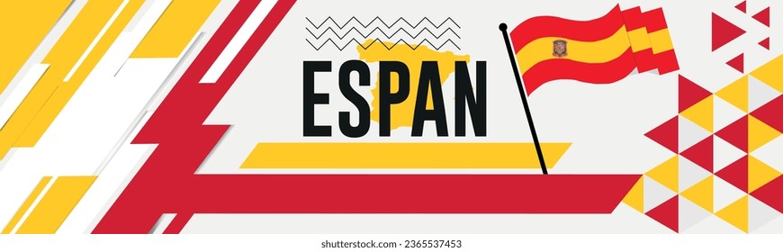 Spanish national day banner design. Spanish flag and map theme with background. Template vector Spanish flag modern design. Abstract geometric retro shapes of red and blue yellow . 