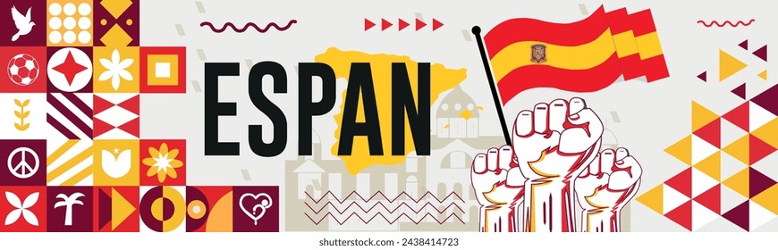 Spanish national day banner design. Spanish flag and map theme with background. Template vector Spanish flag modern design. Abstract geometric retro shapes of red and blue yellow 