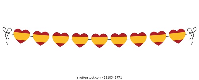 Spanish National Day, flag of Spain hearts garland, string of hearts for outdoor party, decorative vector illustration, Fiesta Nacional de Espana