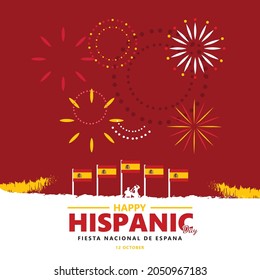 Spanish national day or Hispanic day celebrated on October 12th. Spain public holiday vector illustration with its vectorized national flags and fireworks. Spanish text means : national day of Spain.