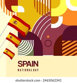 Spanish National Day square banner in colorful modern geometric style. National and Independence Day greeting card with Spain flag. Background celebrating national holiday party