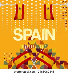 Spanish National Day square banner in colorful modern geometric style. National and Independence Day greeting card with Spain flag. Background celebrating national holiday party