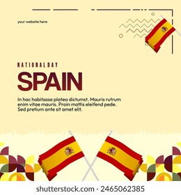 Spanish National Day square banner in colorful modern geometric style. National and Independence Day greeting card with Spain flag. Background celebrating national holiday party