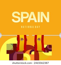 Spanish National Day square banner in colorful modern geometric style. National and Independence Day greeting card with Spain flag. Background celebrating national holiday party