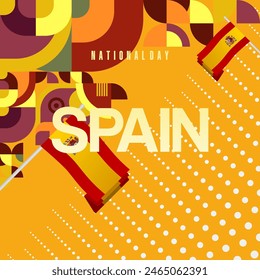 Spanish National Day square banner in colorful modern geometric style. National and Independence Day greeting card with Spain flag. Background celebrating national holiday party