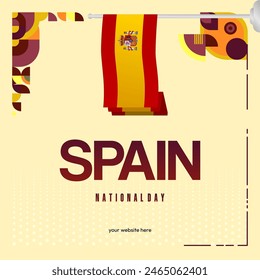Spanish National Day square banner in colorful modern geometric style. National and Independence Day greeting card with Spain flag. Background celebrating national holiday party