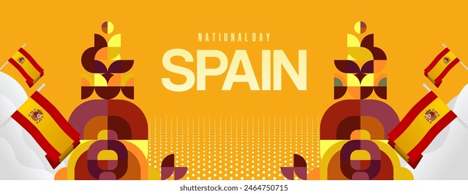 Spanish National Day wide banner in colorful modern geometric style. National and Independence Day greeting card with Spain flag. Background celebrating national holiday party