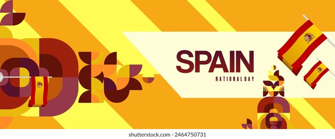 Spanish National Day wide banner in colorful modern geometric style. National and Independence Day greeting card with Spain flag. Background celebrating national holiday party