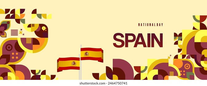 Spanish National Day wide banner in colorful modern geometric style. National and Independence Day greeting card with Spain flag. Background celebrating national holiday party