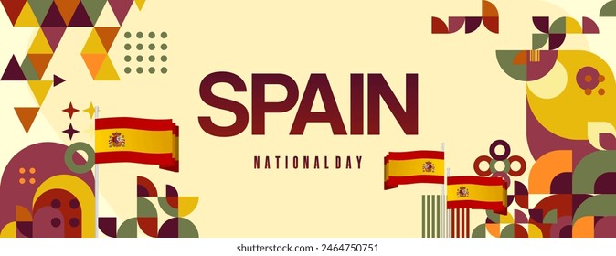 Spanish National Day wide banner in colorful modern geometric style. National and Independence Day greeting card with Spain flag. Background celebrating national holiday party