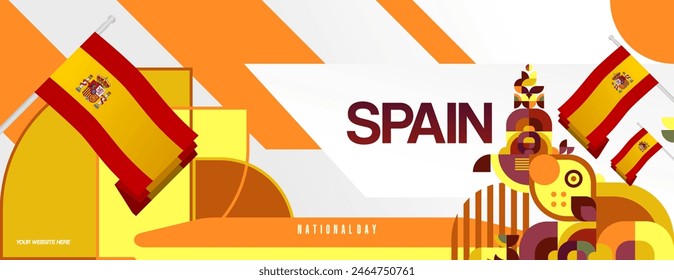 Spanish National Day wide banner in colorful modern geometric style. National and Independence Day greeting card with Spain flag. Background celebrating national holiday party
