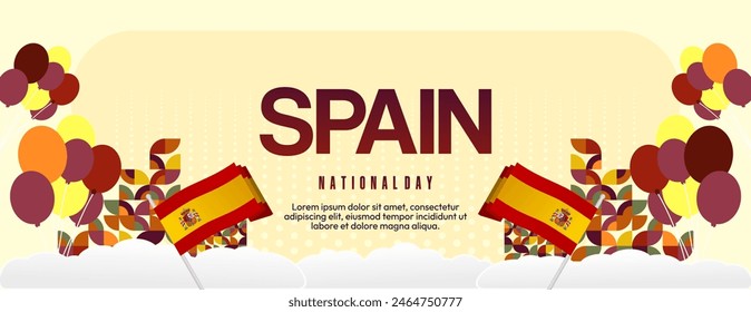 Spanish National Day wide banner in colorful modern geometric style. National and Independence Day greeting card with Spain flag. Background celebrating national holiday party