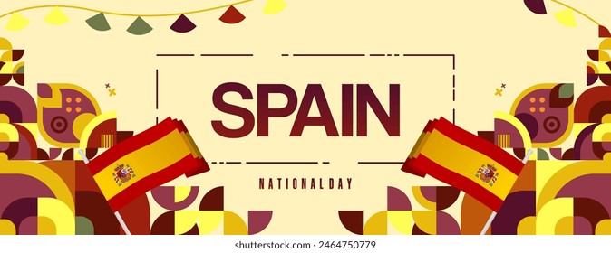 Spanish National Day wide banner in colorful modern geometric style. National and Independence Day greeting card with Spain flag. Background celebrating national holiday party