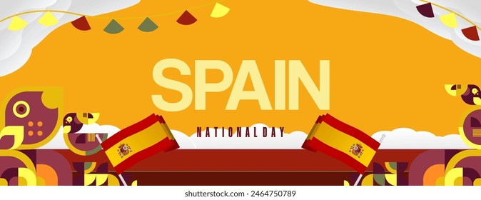 Spanish National Day wide banner in colorful modern geometric style. National and Independence Day greeting card with Spain flag. Background celebrating national holiday party