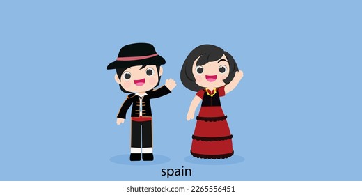 Spanish in national dress with a flag. Man and woman boy in traditional costume. Travel to Spain. People.illustrationa