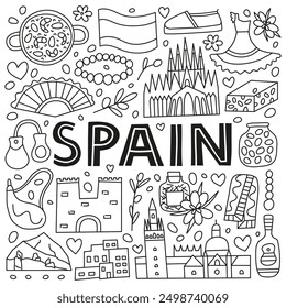 Spanish national landmarks and attractions in doodle style isolated on white background. Welcome poster. Spanish tourism concept.