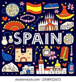 Pontos de referência nacionais espanhóis e atrações em estilo doodle isoladas no fundo escuro. Cartaz de boas-vindas. Conceito de turismo espanhol.