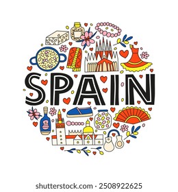 Marcos nacionais espanhóis e atrações em estilo doodle composto em forma de círculo. Cartaz de boas-vindas. Conceito de turismo espanhol.