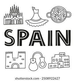 Pontos de referência nacionais espanhóis e atrações em estilo doodle isolado no fundo branco. Cartaz de boas-vindas. Conceito de turismo espanhol.