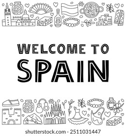 Pontos de referência nacionais espanhóis e atrações em estilo doodle isolado no fundo branco. Cartaz de boas-vindas. Conceito de turismo espanhol.