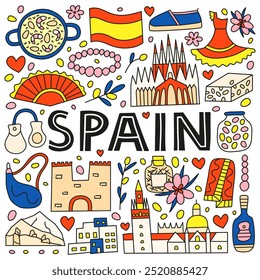 Pontos de referência nacionais espanhóis e atrações em estilo doodle isolado no fundo branco. Cartaz de boas-vindas. Conceito de turismo espanhol.