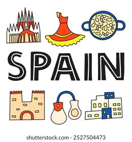 Pontos de referência nacionais espanhóis e atrações em estilo doodle isolado no fundo branco. Cartaz de boas-vindas. Conceito de turismo espanhol.