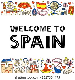 Pontos de referência nacionais espanhóis e atrações em estilo doodle isolado no fundo branco. Cartaz de boas-vindas. Conceito de turismo espanhol.