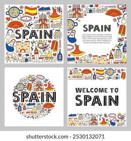 Pontos de referência nacionais espanhóis e atrações em estilo doodle isolado no fundo branco. Cartazes de boas-vindas. Conceito de turismo espanhol.